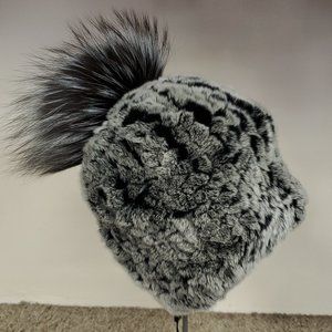 SALE Black Snow Knitted Rex Rabbit Fur Beanie with Fox Pom